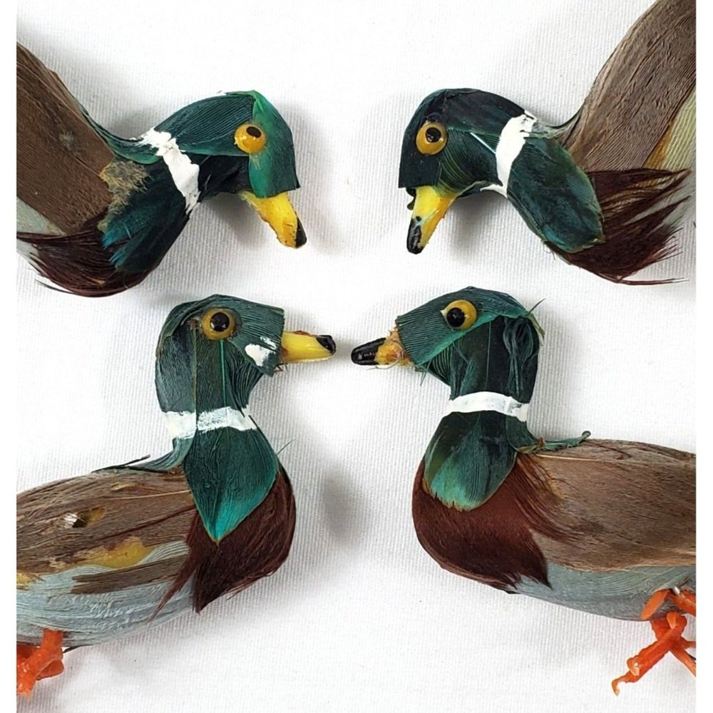4 Vintage Mallard Duck Hand Made Figurines Ornament with Real Feathers